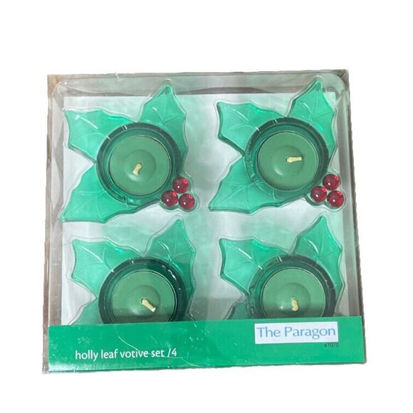 Holly Leaf and Berries Christmas Votive Candleholders Set of 4 NIB Green Candles - Picture 2 of 3